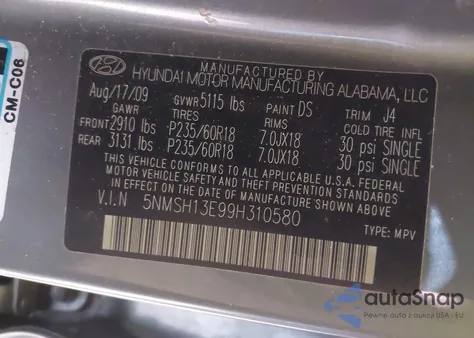 2009 Hyundai Santa Fe Se z USA, uszkodzony, nr VIN 5NMSH13E99H310580